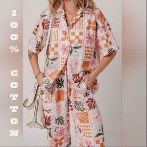 Pale Blush Tropical Shirt & Wide-Legged Pant Set